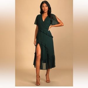 Lulus Emerald Green Swiss Dot Ruffled Midi Dress